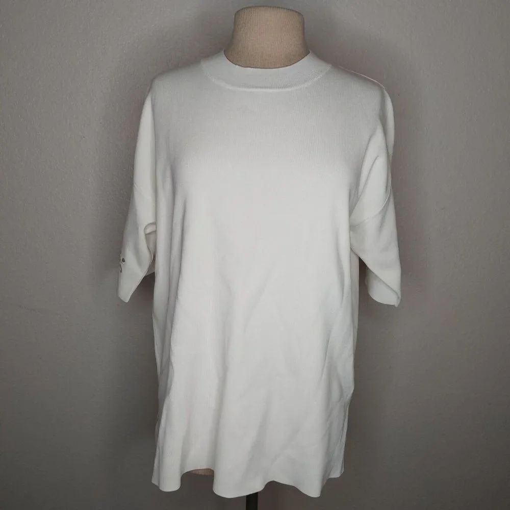 Zara Womens Top Medium Ribbed Short Sleeve Embroidered Flower Sleeves Ivory - Picture 1 of 16